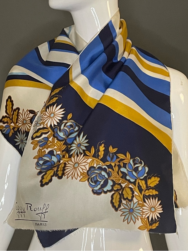 Vintage Maggy Rouff Blue Florals Silk Scarf 15 X 44 Fair Condition
